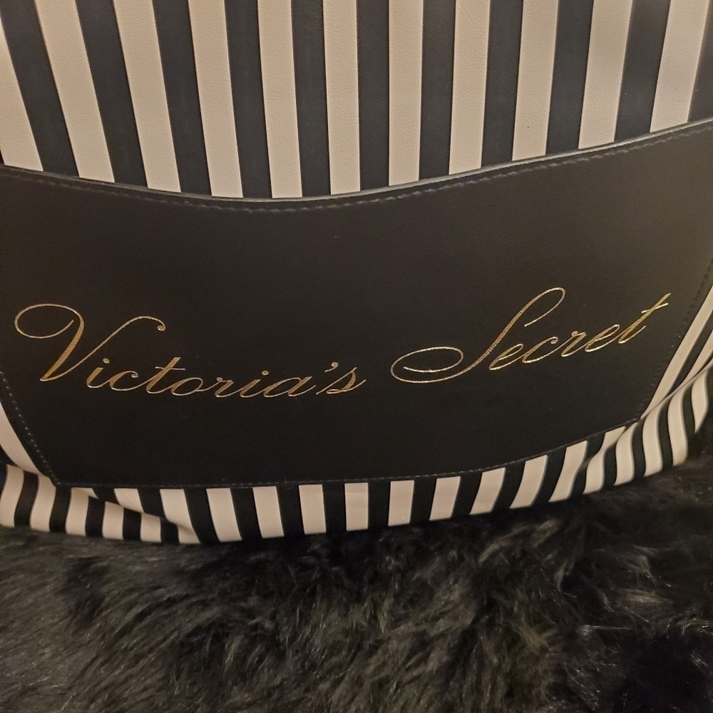 VICTORIA'S SECRET LARGE BLUSH PINK & BLACK STRIPED SHOPPER TOTE BAG #5 - Picture 5 of 10
